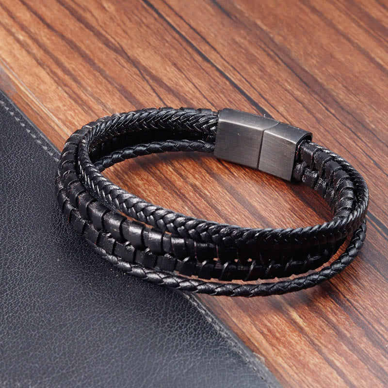 Wear FengShui Simple Braided Pattern Titanium Steel Strengthen Multi-layer Leather Buckle Bracelet