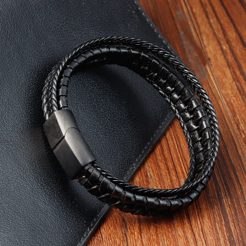 Wear FengShui Simple Braided Pattern Titanium Steel Strengthen Multi-layer Leather Buckle Bracelet