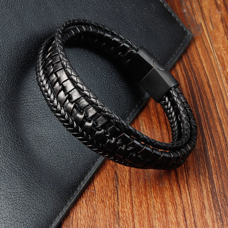 Wear FengShui Simple Braided Pattern Titanium Steel Strengthen Multi-layer Leather Buckle Bracelet