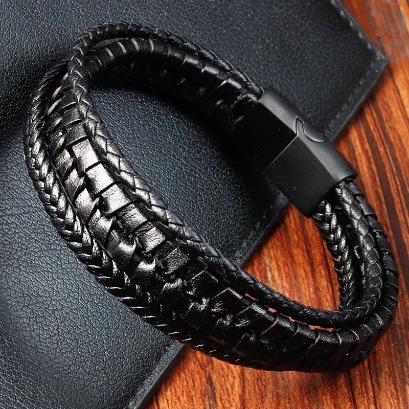 Wear FengShui Simple Braided Pattern Titanium Steel Strengthen Multi-layer Leather Buckle Bracelet