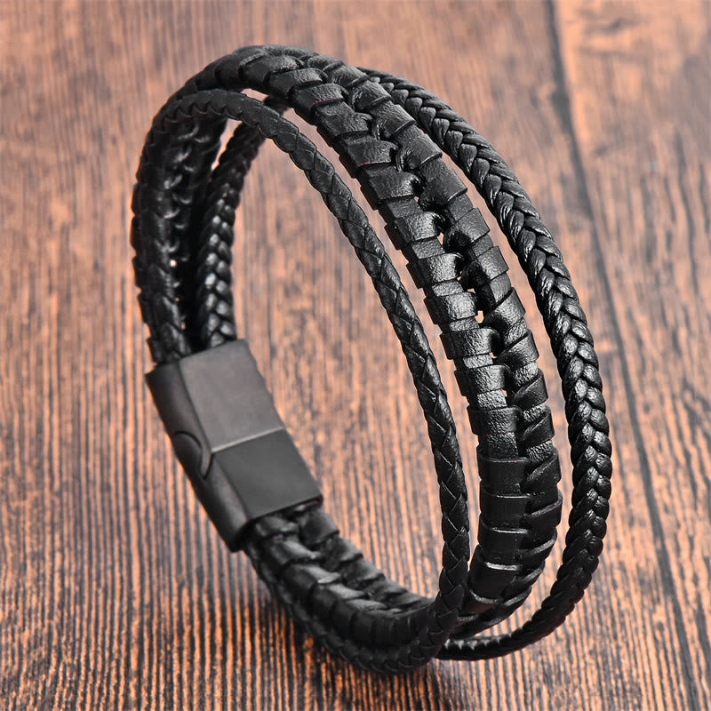Wear FengShui Simple Braided Pattern Titanium Steel Strengthen Multi-layer Leather Buckle Bracelet
