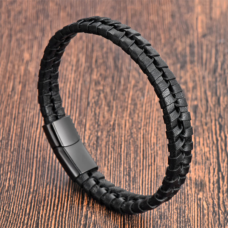 Wear FengShui Simple Braided Pattern Titanium Steel Strengthen Multi-layer Leather Buckle Bracelet