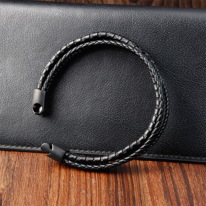 Wear FengShui Simple Braided Pattern Titanium Steel Strengthen Multi-layer Leather Buckle Bracelet