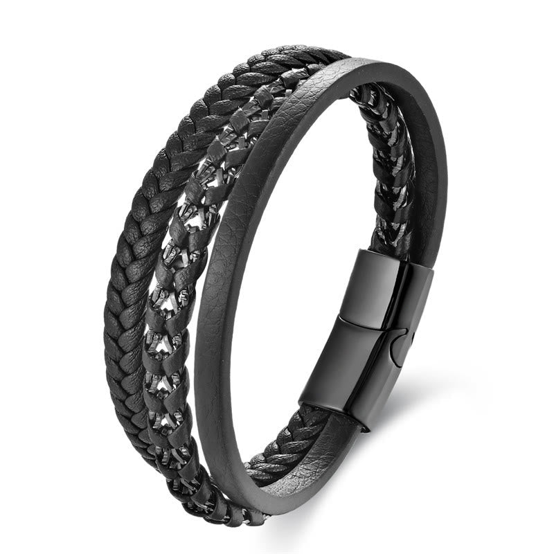 Wear FengShui Braided Design Titanium Steel Calm Multi-layer Leather Buckle Bracelet