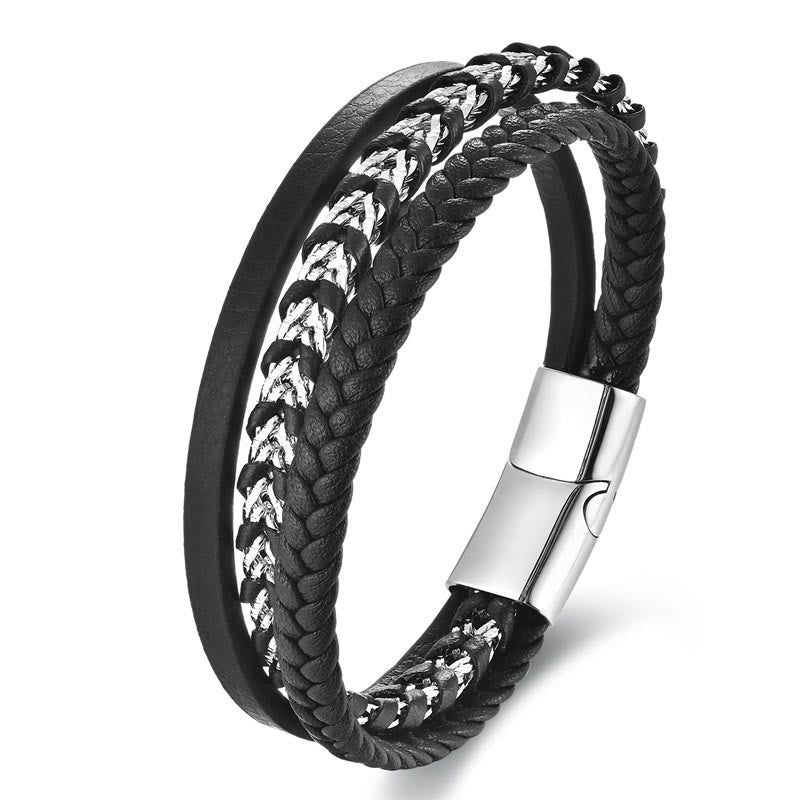Wear FengShui Braided Design Titanium Steel Calm Multi-layer Leather Buckle Bracelet