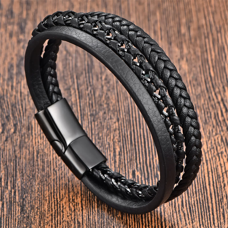 Wear FengShui Braided Design Titanium Steel Calm Multi-layer Leather Buckle Bracelet