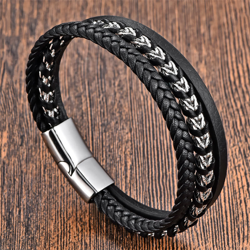 Wear FengShui Braided Design Titanium Steel Calm Multi-layer Leather Buckle Bracelet