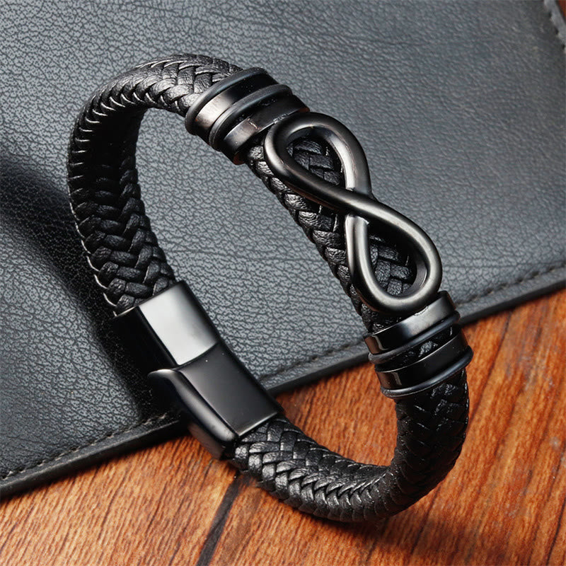Wear FengShui Endless Knot Design Titanium Steel Strengthen Braided Leather Buckle Bracelet