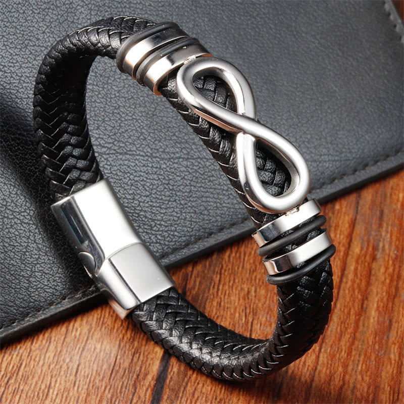 Wear FengShui Endless Knot Design Titanium Steel Strengthen Braided Leather Buckle Bracelet