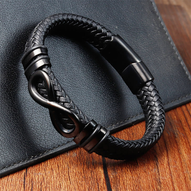 Wear FengShui Endless Knot Design Titanium Steel Strengthen Braided Leather Buckle Bracelet