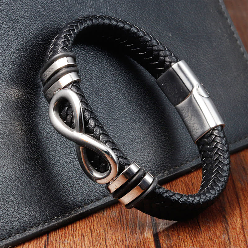 Wear FengShui Endless Knot Design Titanium Steel Strengthen Braided Leather Buckle Bracelet
