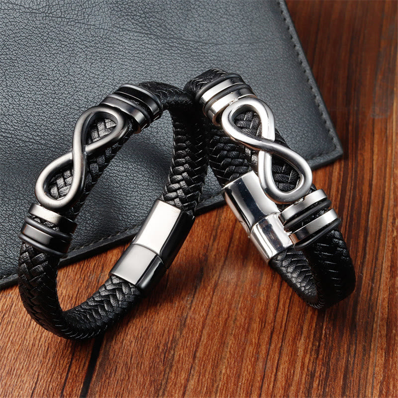 Wear FengShui Endless Knot Design Titanium Steel Strengthen Braided Leather Buckle Bracelet