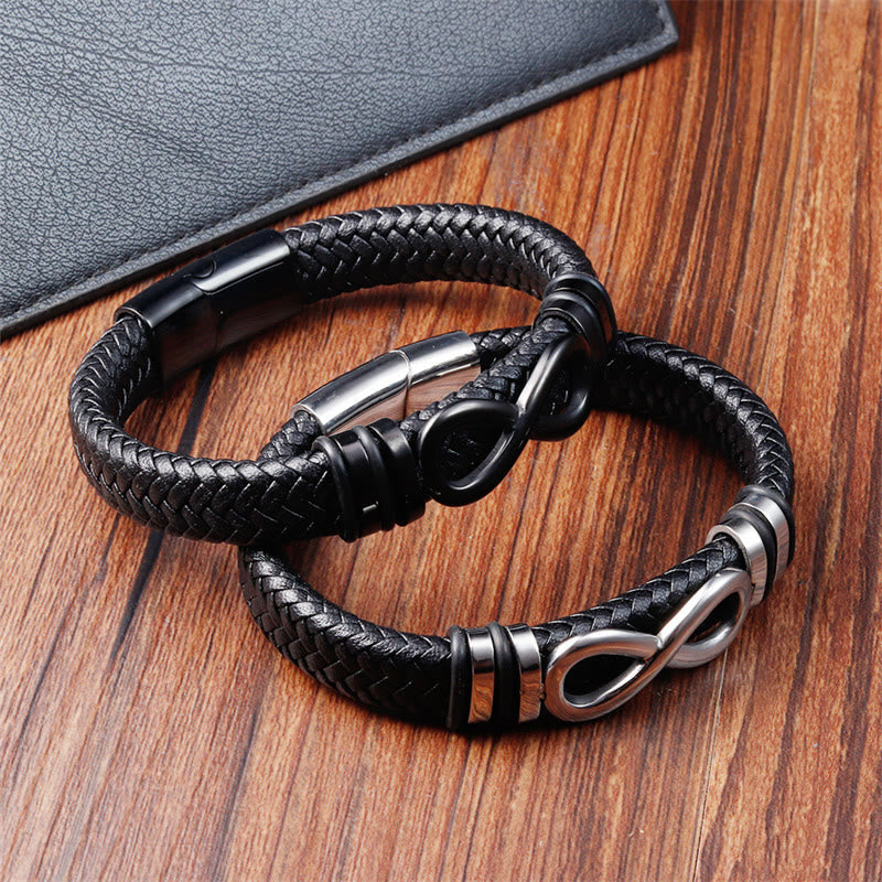Wear FengShui Endless Knot Design Titanium Steel Strengthen Braided Leather Buckle Bracelet
