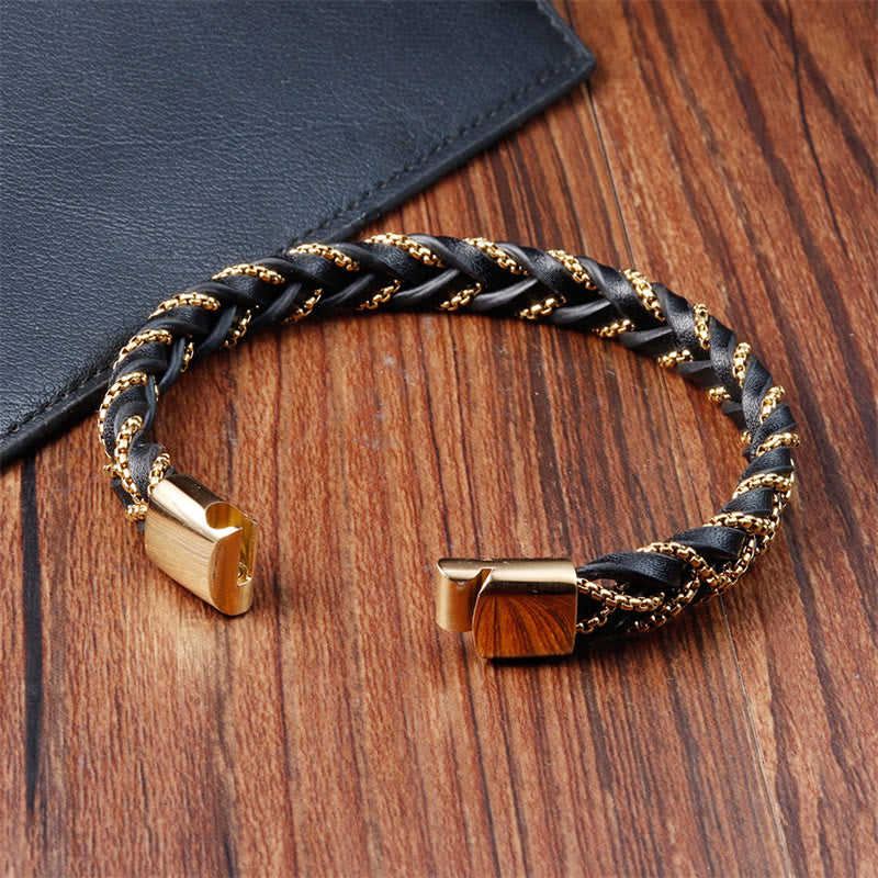 Wear FengShui Simple Design Titanium Steel Calm Braided Leather Buckle Bracelet