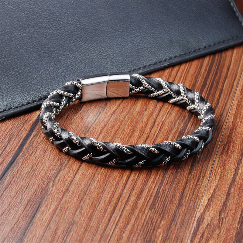 Wear FengShui Simple Design Titanium Steel Calm Braided Leather Buckle Bracelet