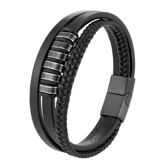 Wear FengShui Simple Titanium Steel Braided Three-layer Leather Buckle Calm Bracelet