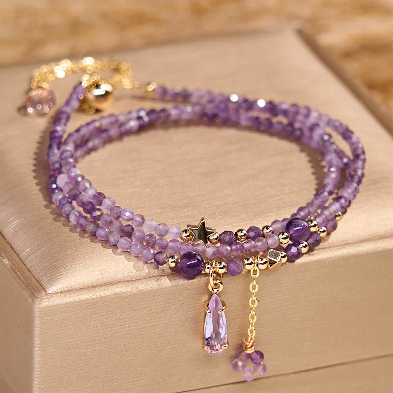 Wear FengShui Natural Amethyst Water Drop Star Meditation Triple Wrap Bracelet