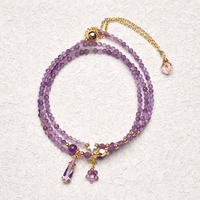 Wear FengShui Natural Amethyst Water Drop Star Meditation Triple Wrap Bracelet