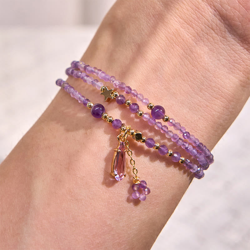 Wear FengShui Natural Amethyst Water Drop Star Meditation Triple Wrap Bracelet