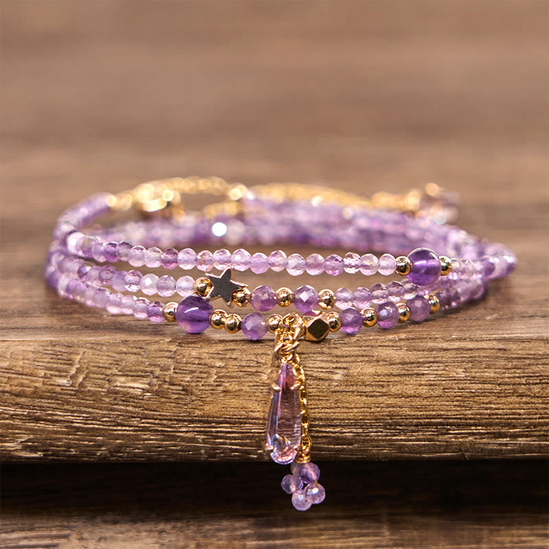 Wear FengShui Natural Amethyst Water Drop Star Meditation Triple Wrap Bracelet