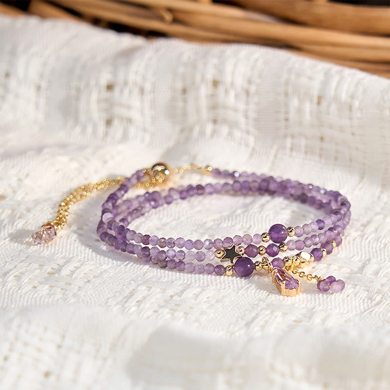 Wear FengShui Natural Amethyst Water Drop Star Meditation Triple Wrap Bracelet