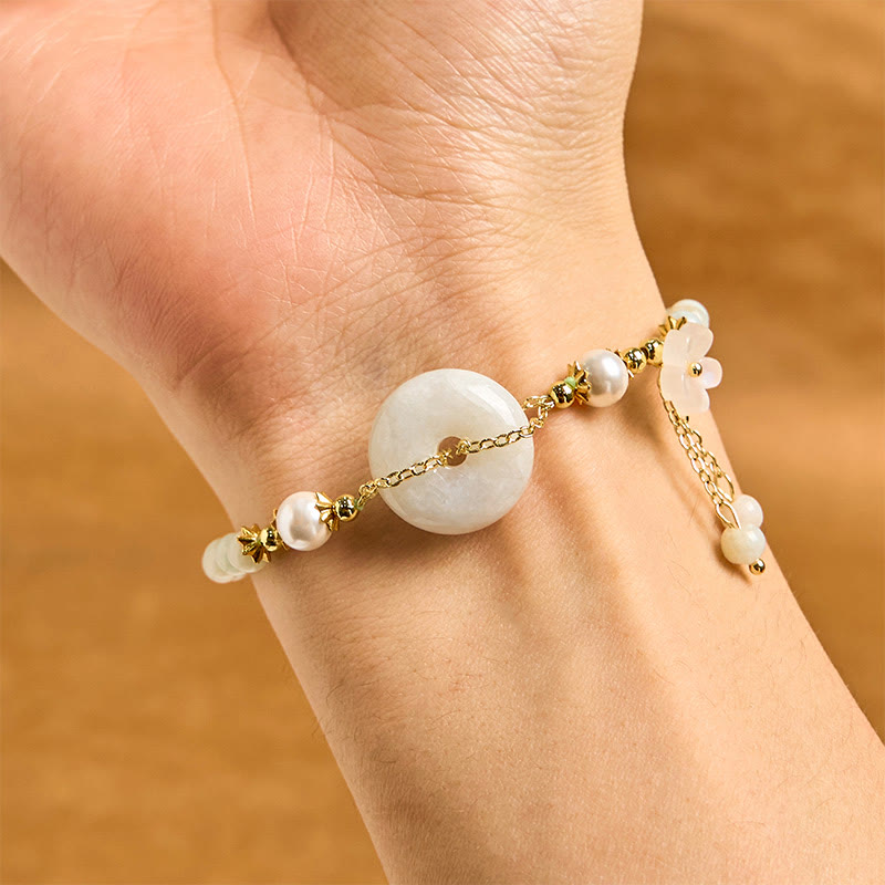 Wear FengShui Jade Peace Buckle Beads Flower Prosperity Bracelet