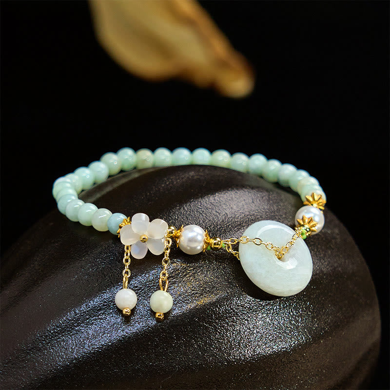 Wear FengShui Jade Peace Buckle Beads Flower Prosperity Bracelet