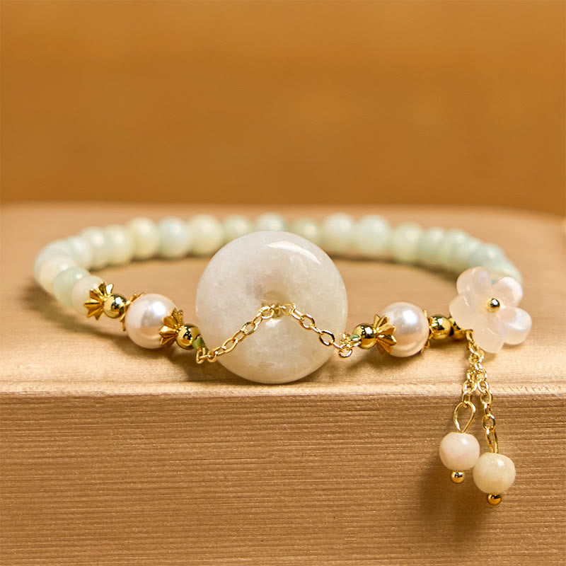 Wear FengShui Jade Peace Buckle Beads Flower Prosperity Bracelet