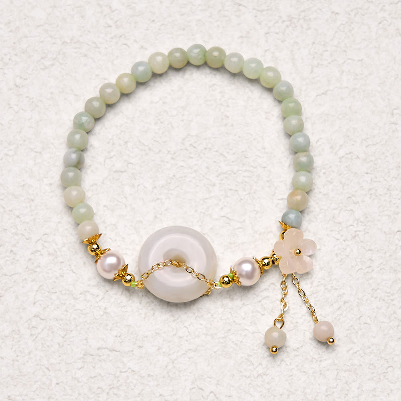 Wear FengShui Jade Peace Buckle Beads Flower Prosperity Bracelet