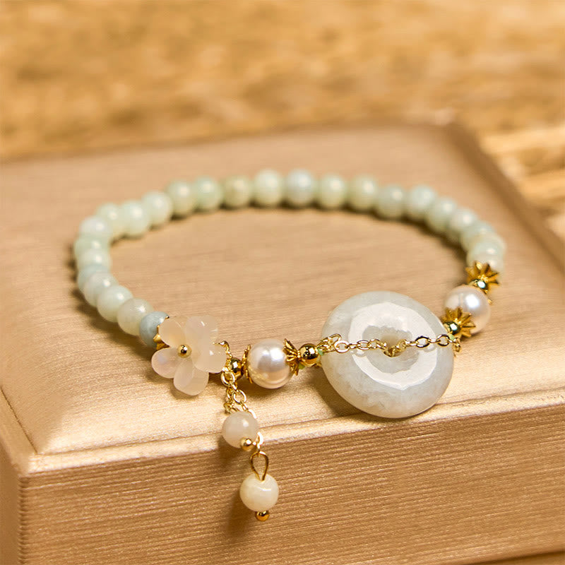Wear FengShui Jade Peace Buckle Beads Flower Prosperity Bracelet