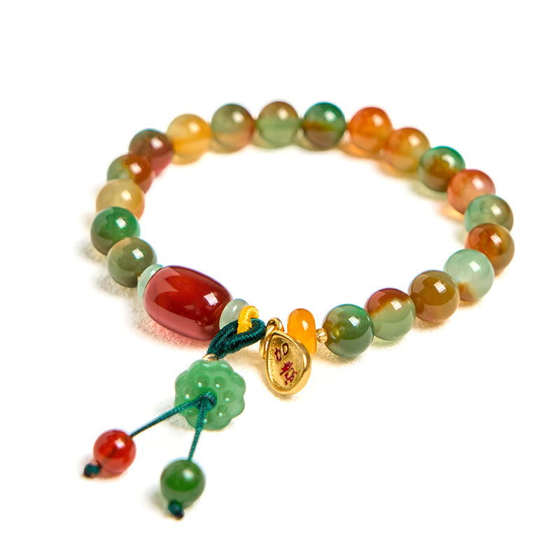 Wear FengShui Natural Colorful Peacock Agate Chalcedony Ruyi As One Wishes Charm Courage Bracelet