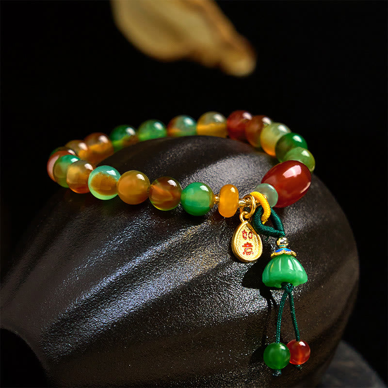 Wear FengShui Natural Colorful Peacock Agate Chalcedony Ruyi As One Wishes Charm Courage Bracelet