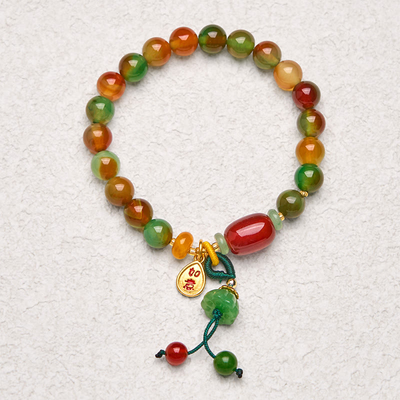 Wear FengShui Natural Colorful Peacock Agate Chalcedony Ruyi As One Wishes Charm Courage Bracelet