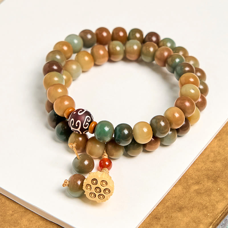 Wear FengShui Colorful Bodhi Seed Lotus Pod Charm Peace Double Wrap Bracelet