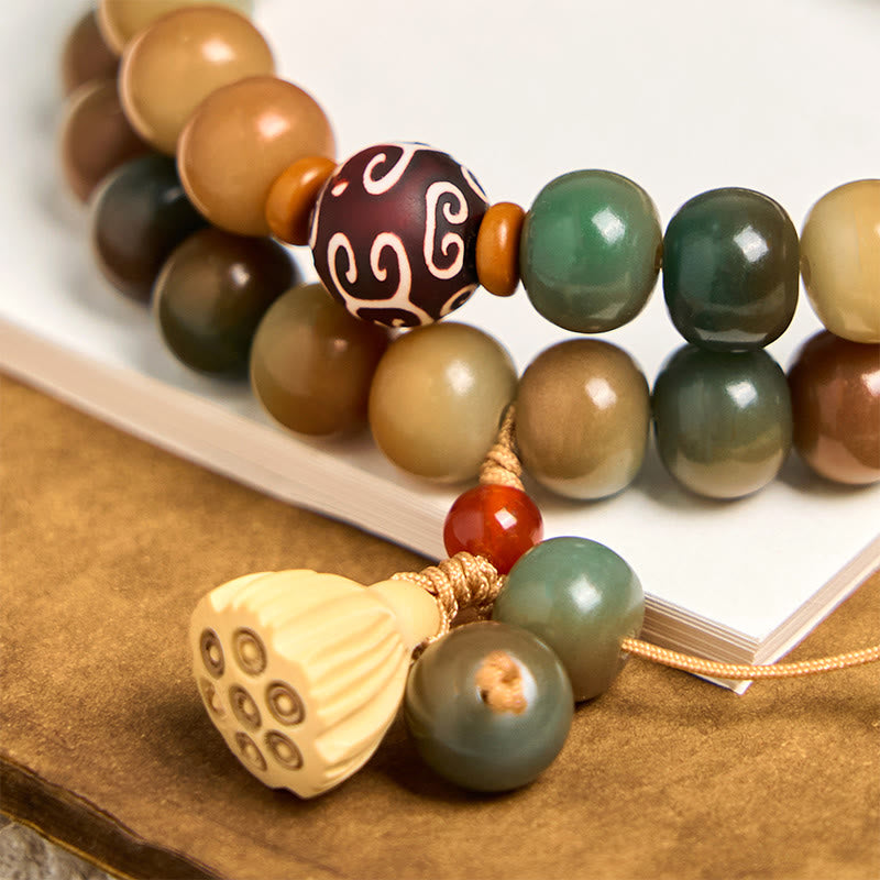 Wear FengShui Colorful Bodhi Seed Lotus Pod Charm Peace Double Wrap Bracelet