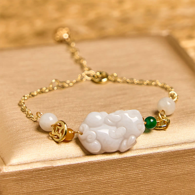 Wear FengShui Natural Jade PiXiu Carved Copper Coin Luck Chain Bracelet