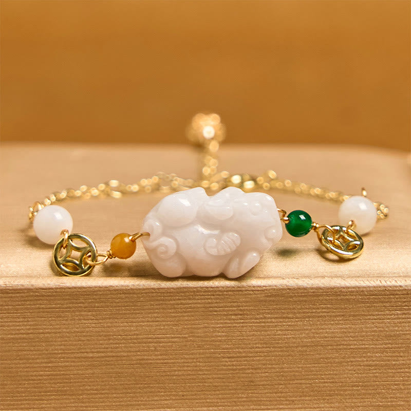 Wear FengShui Natural Jade PiXiu Carved Copper Coin Luck Chain Bracelet