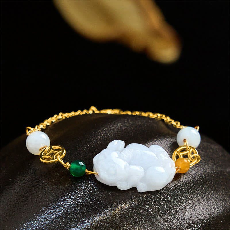 Wear FengShui Natural Jade PiXiu Carved Copper Coin Luck Chain Bracelet