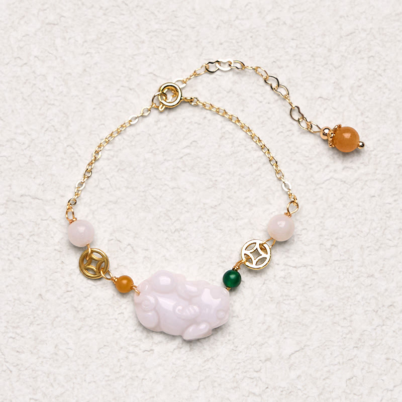 Wear FengShui Natural Jade PiXiu Carved Copper Coin Luck Chain Bracelet