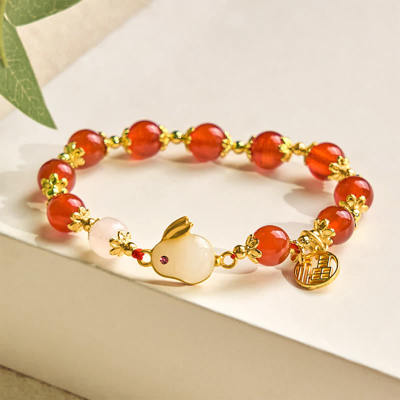 Wear FengShui Red Agate Chalcedony Rabbit Fu Character Confidence Bracelet