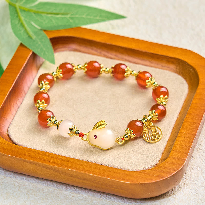 Wear FengShui Red Agate Chalcedony Rabbit Fu Character Confidence Bracelet