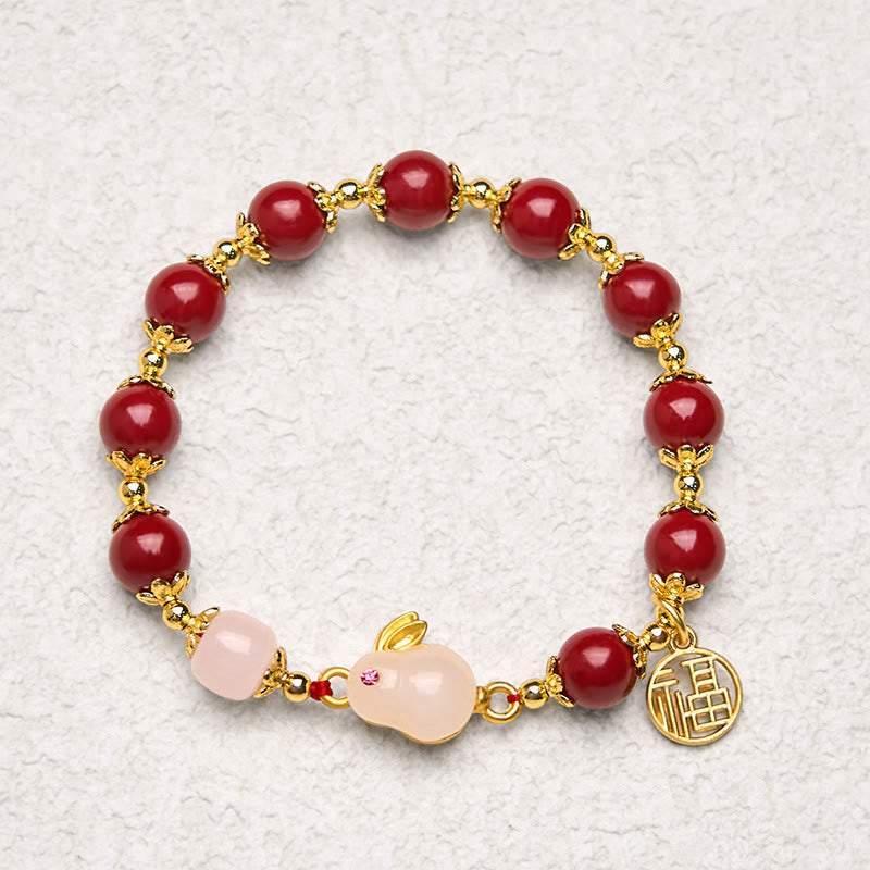 Wear FengShui Cinnabar Cute Rabbit Bunny Fu Character Charm Blessing Bracelet