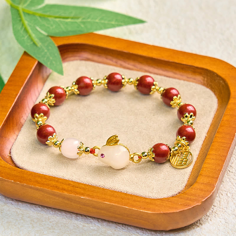 Wear FengShui Cinnabar Cute Rabbit Bunny Fu Character Charm Blessing Bracelet
