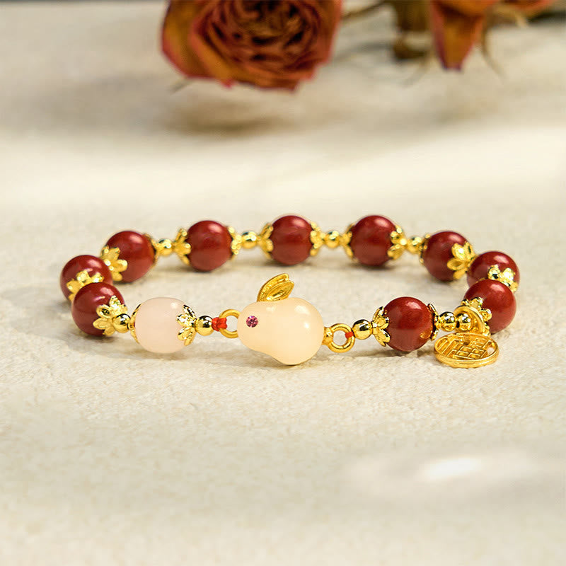 Wear FengShui Cinnabar Cute Rabbit Bunny Fu Character Charm Blessing Bracelet