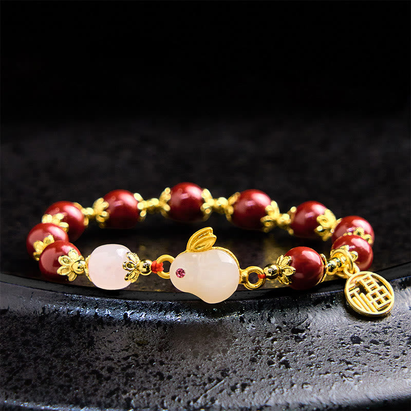 Wear FengShui Cinnabar Cute Rabbit Bunny Fu Character Charm Blessing Bracelet