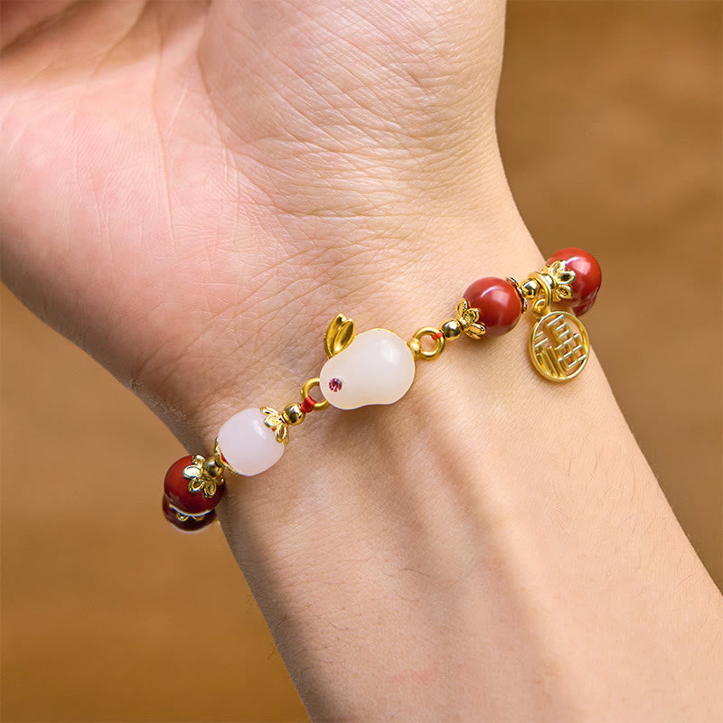 Wear FengShui Cinnabar Cute Rabbit Bunny Fu Character Charm Blessing Bracelet