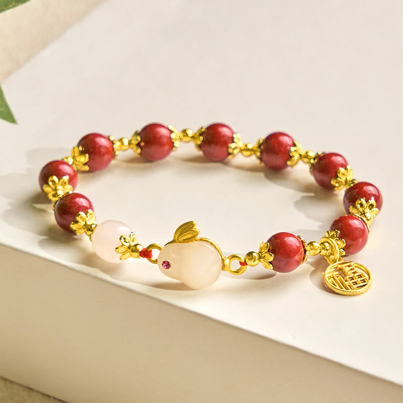Wear FengShui Cinnabar Cute Rabbit Bunny Fu Character Charm Blessing Bracelet