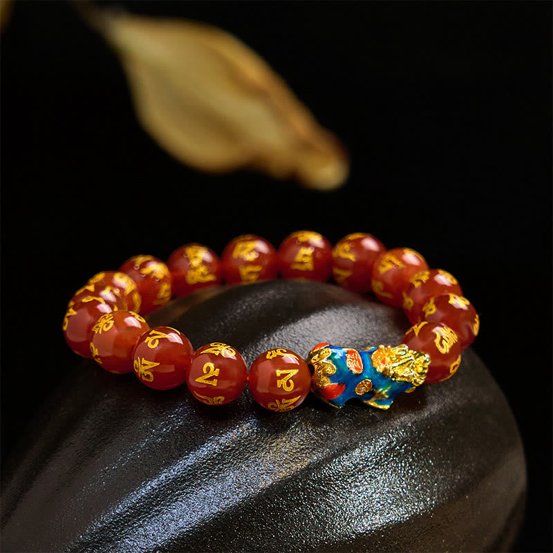 Wear FengShui Red Agate Color Change PiXiu Om Mani Padme Hum Calm Bracelet