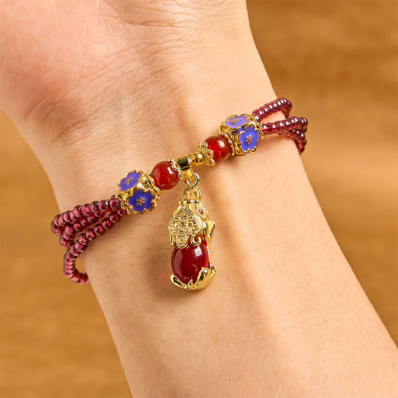 Wear FengShui Natural 3mm Garnet Beads PiXiu Flower Purification Multilayer Bracelet