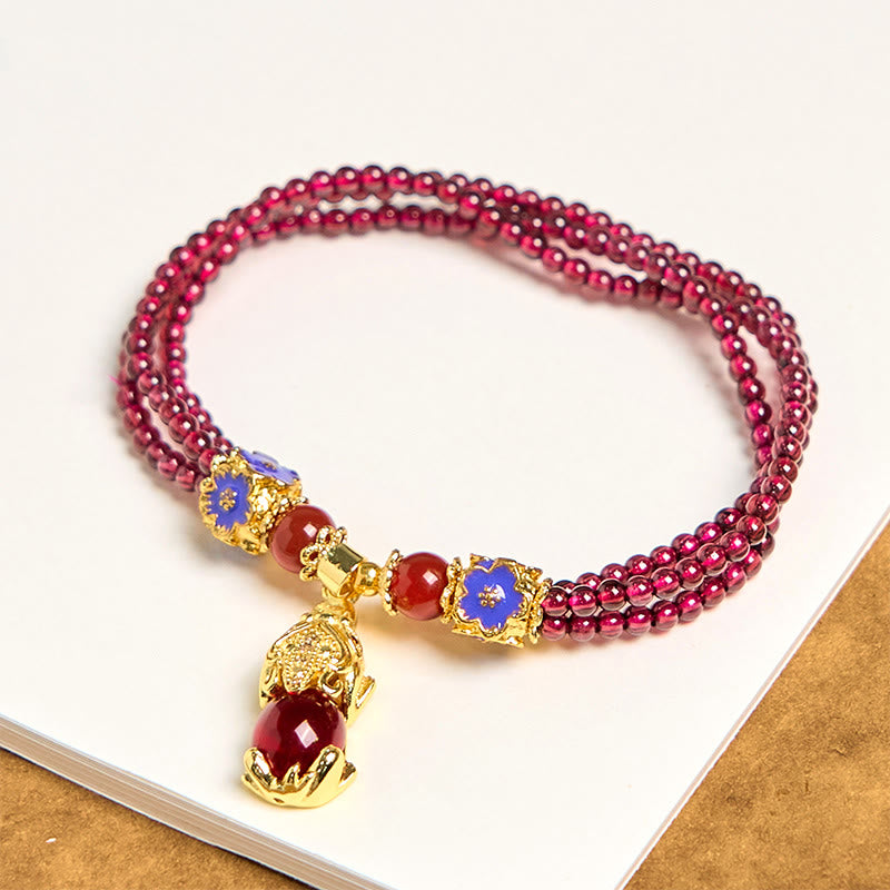 Wear FengShui Natural 3mm Garnet Beads PiXiu Flower Purification Multilayer Bracelet